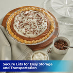 Baked chocolate cream pie in an EZ Foil aluminum pan with a clear plastic lid and serving bowls