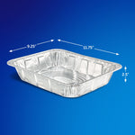Single aluminum roaster pan on blue background with arrows and measurements indicating length, width and depth