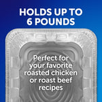 Top view of an aluminum roaster pan on blue background with text stating it holds up to 6 pounds and serving suggestion copy