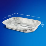 Single EZ Foil aluminum roasting pan on a blue gradient background with white arrows and measurements showing pan dimensions.