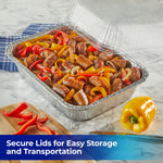 EZ Foil aluminum roaster pan filled with cooked sausage and peppers, topped by a clear plastic lid slightly ajar
