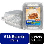 Stacked clear plastic lids and an EZ Foil branded aluminum roaster pan package showing label with cooked chicken photo
