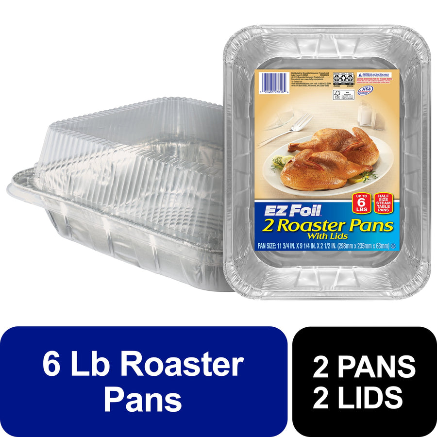 Stacked clear plastic lids and an EZ Foil branded aluminum roaster pan package showing label with cooked chicken photo