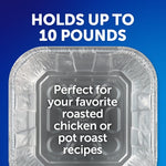 Top view of an aluminum roasting pan on blue background with text overlay stating it holds up to 10 pounds