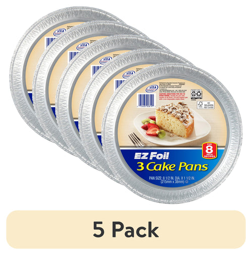 Stacked foil round cake pans with EZ Foil label showing '3 Cake Pans' and a plated cake image