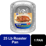 EZ Foil SuperRoaster disposable aluminum pan with product label showing a roasted turkey on a plate.