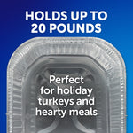 Top-down EZ Foil aluminum roasting pan on a blue background with text stating it holds up to 20 pounds and a promotional message.