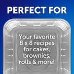 Top-down view of a square aluminum foil pan over gradient blue background with text about 8 x 8 recipes