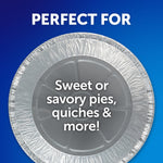 Top view of an EZ Foil aluminum pie pan on blue background with text promoting sweet or savory pies