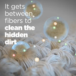 Macro-style graphic of cleaning enzymes or pods getting between fabric fibers with text about cleaning hidden dirt.