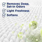 Graphic close-up of fabric texture with checklist icons reading removes deep set-in odors, light freshness, softens