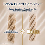 Side-by-side fiber ropes comparing leading powder detergent to Woolite with FabricGuard Complex headline