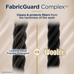 Side-by-side closeup of two yarn strands illustrating FabricGuard Complex versus leading powder detergent