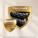 Golden shield graphic labeled 'FabricGuard Complex' showing close-up woven fibers and badge stating protection from fading, pilling, stretching