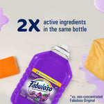 Purple Fabuloso jug angled on a countertop with text ‘2X active ingredients in the same bottle’ and cleaning cloth props