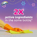 Graphic reading '2X active ingredients in the same bottle' with a gloved hand wiping a surface and Fabuloso logo on purple background.