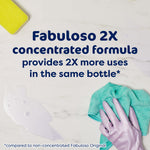 Flatlay of cleaning items and glove with text claiming Fabuloso 2X concentrated formula provides 2X more uses