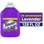 Fabuloso lavender multi-purpose cleaner jug with callouts reading ‘2X concentrated Lavender’ and ‘128 FL OZ’ on a white background