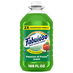 Green Fabuloso 2X concentrated multi-purpose cleaner bottle labeled Passion of Fruits with fruit artwork and 169 FL OZ volume