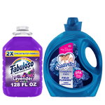 Side-by-side product shot of a purple Fabuloso multi-purpose cleaner jug and a blue Suavitel Complete Care fabric conditioner bottle