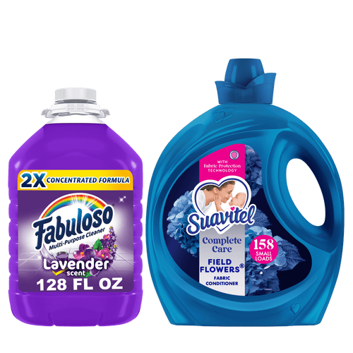 Side-by-side product shot of a purple Fabuloso multi-purpose cleaner jug and a blue Suavitel Complete Care fabric conditioner bottle