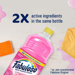 Tilted pink Fabuloso bottle with yellow cap and text proclaiming 2X active ingredients