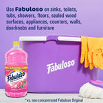 Fabuloso bottle beside a purple bucket, mop head and rubber gloves with usage guidance text
