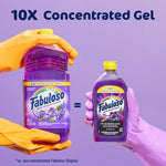 Two hands wearing gloves holding different sized Fabuloso bottles with text stating 10x concentrated gel and a sizing comparison.
