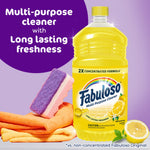 Single yellow Fabuloso lemon-scent bottle beside cleaning cloth and sponge on a purple background with product benefit text.