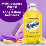 Fabuloso yellow bottle with lemon graphics beside cleaning cloths and headline about long lasting freshness