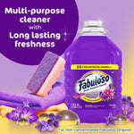 Purple Fabuloso bottle with sponge, cloths and flowers plus text highlighting long lasting freshness and multi-purpose cleaner
