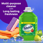 Fabuloso green bottle staged with cleaning sponge, cloth and bubbles and text highlighting long lasting freshness