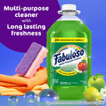 Fabuloso 2X Passion of Fruits bottle staged with cleaning cloth, sponge and water droplets against blue background promoting long lasting freshness
