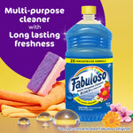 Fabuloso bottle pictured with cleaning sponge, cloths and droplets against a bright background highlighting long lasting freshness