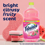 Pink Fabuloso bottle next to sponges and watermelon slice with bright citrusy fruity scent text