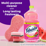 Fabuloso watermelon-scent bottle staged with sponges and watermelon slices and product callouts
