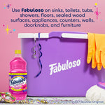 Purple Fabuloso bucket with cleaning gloves and a small Carnaval bottle beside it, plus usage text listing surfaces the product can clean.