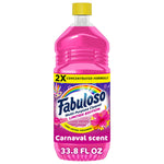 Bright pink Fabuloso Carnaval limited edition bottle with yellow cap and bold label showing 2X concentrated formula.