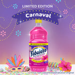 Fabuloso Carnaval bottle centered against festive purple background with 'Limited Edition Carnaval' banner and confetti artwork.