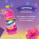 Angled Fabuloso Carnaval bottle with tropical flower and text describing zesty red fruit and floral scent on purple gradient background.