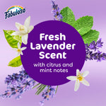 Graphic circle reading 'Fresh Lavender Scent' surrounded by lavender sprigs, mint leaves and white blossoms on purple background