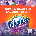 Fabuloso lavender brand logo with floral artwork and text reading Fresh & Fragrant Lavender Scent on orange background