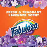 Fabuloso logo and lavender floral artwork on orange background advertising a fresh and fragrant lavender scent