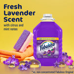 Promotional image of a purple Fabuloso lavender-scent jug with sponge, towels and lavender flowers on a yellow background