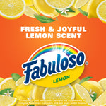 Bright orange panel with sliced lemons and a Fabuloso logo promoting a 'Fresh & Joyful Lemon Scent' for the product.
