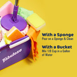 Purple Fabuloso-branded mop bucket filled with sponges, gloves and mop on yellow background with usage instructions