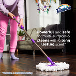 Person mopping a hardwood floor with purple mop head and Fabuloso logo; text highlights powerful, safe multi-surface cleaning.