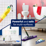 Collage of cleaned home surfaces including bathroom, kitchen sink and floor mop with overlay text about multi-surface power and safety.