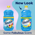 Two Fabuloso blue cleaner bottles side-by-side with text calling out a new look and same scent