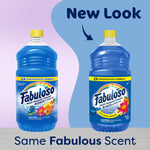 Graphic showing old and new Fabuloso bottles side by side with text 'New Look' and 'Same Fabulous Scent' on a pastel background